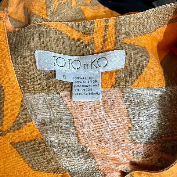 Vintage 90s TOTOnKO Orange Brown Cotton Linen Button-Up Boxy Top Campy Boho - Picture 8 of 9
